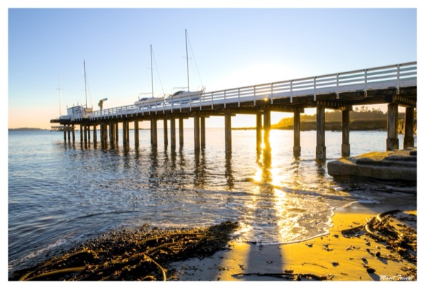 Sunlight shines beneath a wooden pier over the sea.