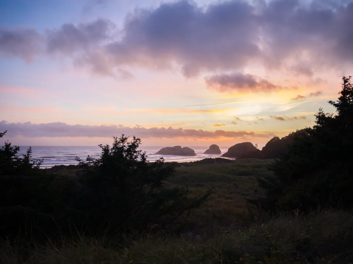 Sunset clouds glow above a grassy bluff on the Oregon Coast.