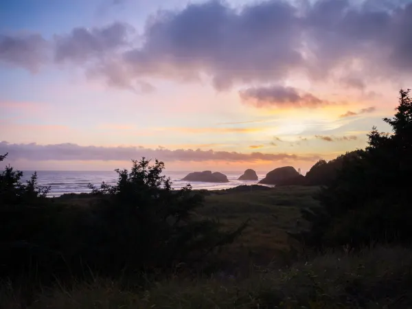 Sunset clouds glow above a grassy bluff on the Oregon Coast.